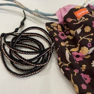 Chan Luu black leather with gold accents wrap bracelet and silver clasp
